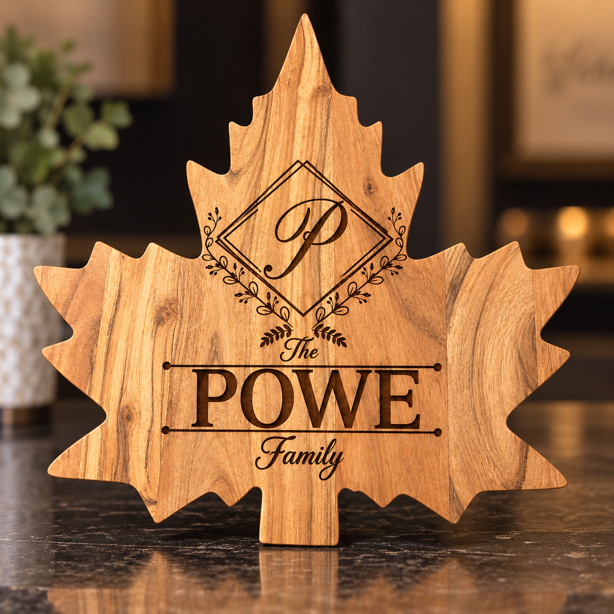 Personalized engraved maple leaf family sign in natural hardwood with monogram initial and family name