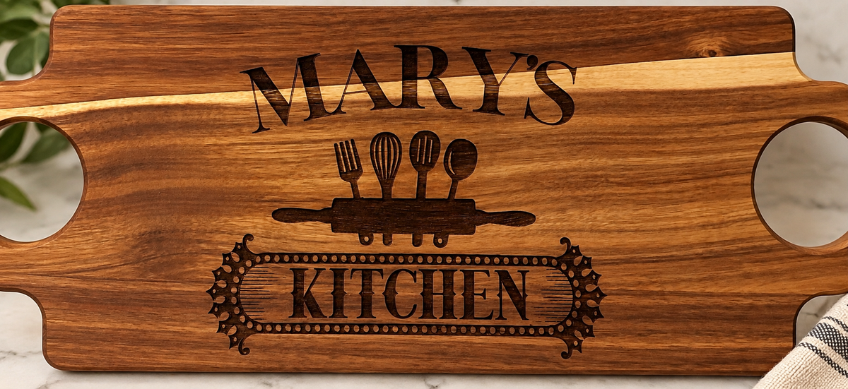Personalized engraved cutting board with Mary's Kitchen design featuring kitchen utensils - real work by M&K Designs