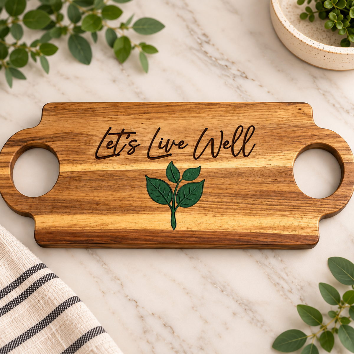 Personalized engraved cutting board with Let's Live Well design