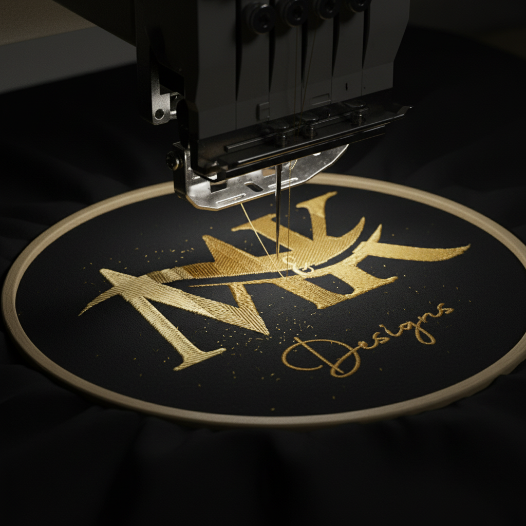 Embroidery machine stitching M&K Designs logo