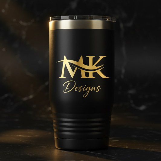 Custom laser engraved 20oz tumbler with M&K Designs logo by M&K Designs