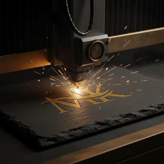 Close-up of laser engraver in action on slate surface