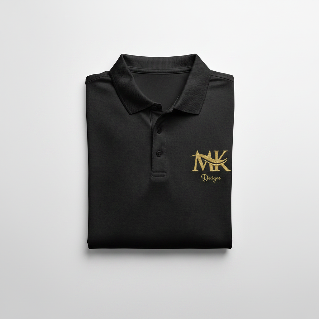 Premium black folded polo shirt with gold M&K Designs embroidered logo