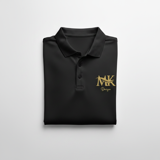 Premium black folded polo shirt with gold M&K Designs embroidered logo