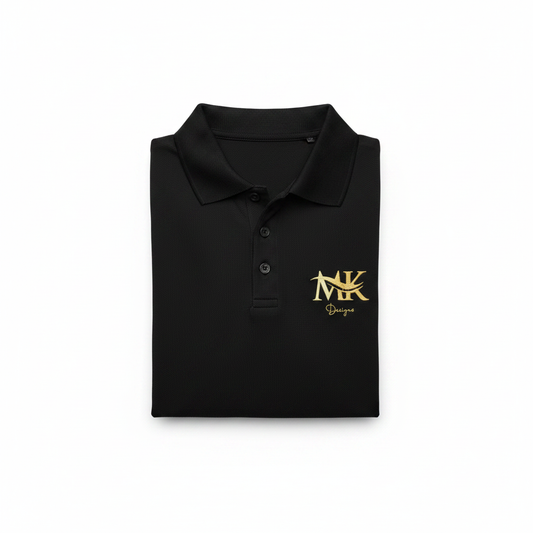 M&K Designs folded black polo shirt with embroidered logo