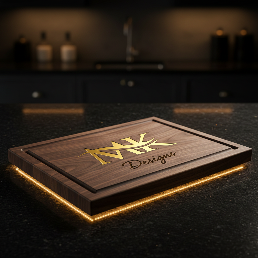 Custom laser engraved cutting board with M&K Designs logo by M&K Designs